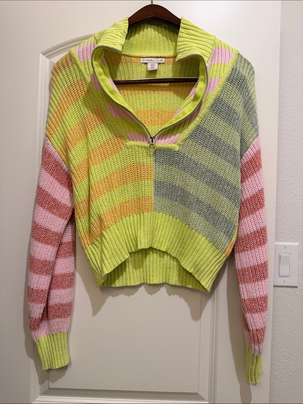 Sincerly Jules Lime Multi-Stripe Half-Zip Cropped Pullover